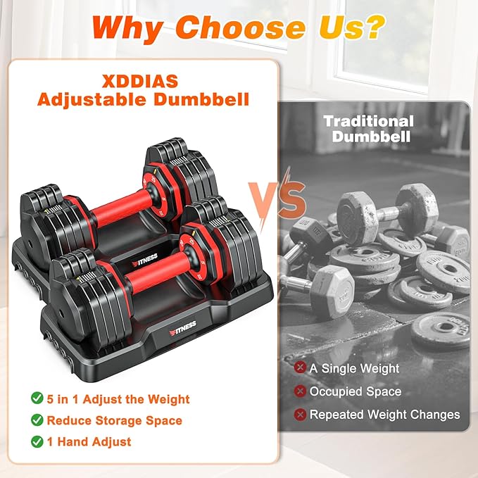 XDDIAS Adjustable Dumbbell Set of 2, 25/55/80LB Dumbbell Set-Fast Adjust Weights Set, 5/10/16 in 1 Free Weights Dumbbells Set with Anti-Slip Metal Handle, Compact Size for Men/Women Home Gym Equipment