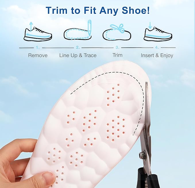 4D Cloud Insoles for Men Women, Memory Foam Boot Insoles, Comfortable and Breathable Massage Cushion Shoe Inserts with Arch Support, Trim to Fit All Shoe Types(1Pair-Black, Men 11-12/Women 13-14)