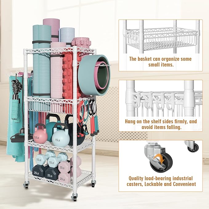 FUTASSI Home Gym Storage, 3 Tiers Workout Equipment Organizer with Wheels for Yoga Mats, Foam Roller, Dumbbells, Kettlebells, and Resistance Bands