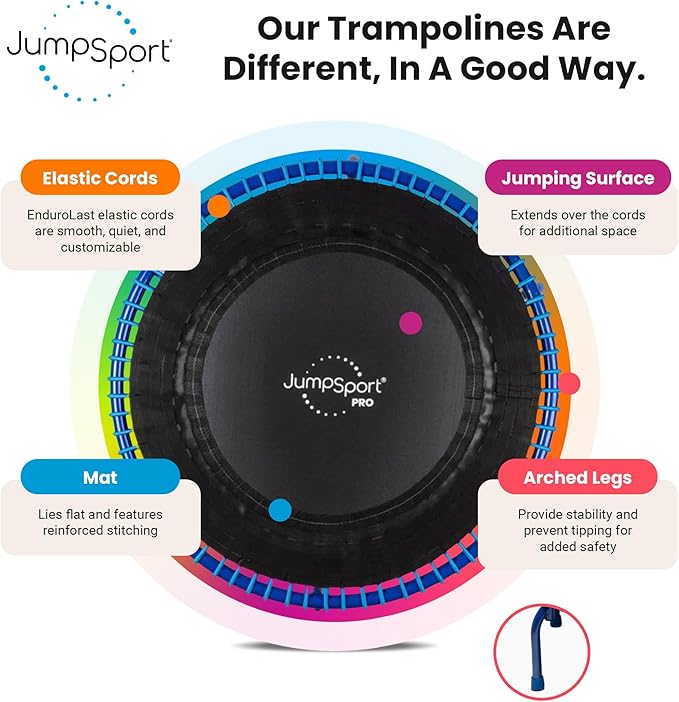 JumpSport 350 PRO Fitness Trampoline, Cardio Workout, No-Tip Arched Legs Home Gym Equipment, Adjustable Bungees & 60 Day Trial Video