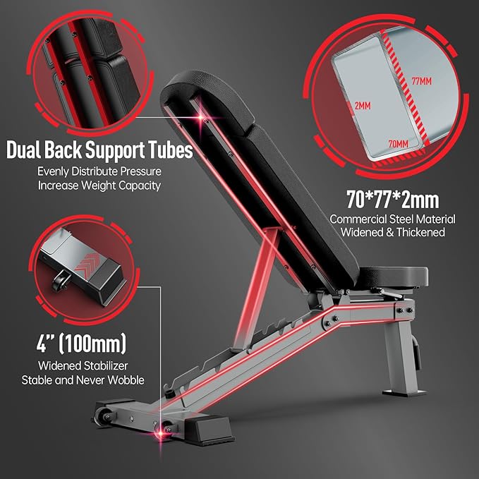 JOROTO Adjustable Weight Bench, Foldable Workout Bench for Home Gym Strength Training, Incline Decline Flat Bench Press with Wheels and Extended Backrest, Full Body Workout Equipment