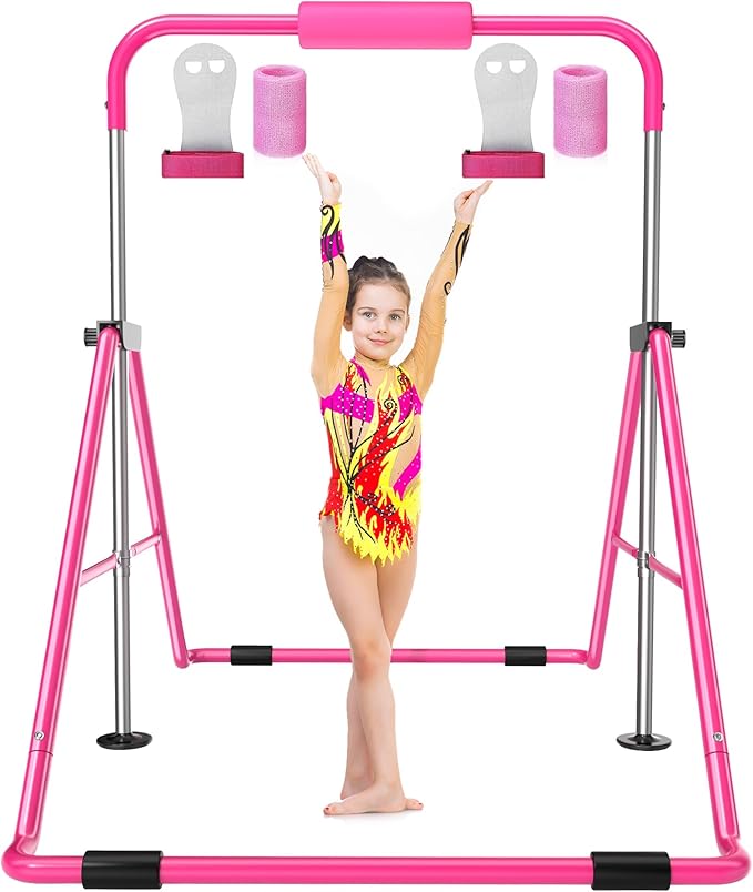 Safly Fun Foldable Gymnastics Bar for Kids, Adjustable 35"-51", Sturdy 145 lbs Capacity, Easy-to-Assemble, Gymnastics Equipment for Kids for Indoor/Outdoor Training