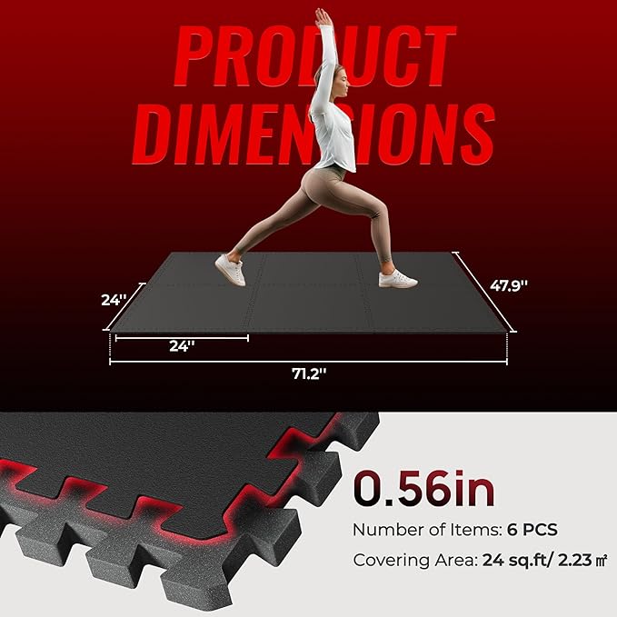 SUPERJARE 0.56'' Thick 6 Pcs 24 Sq Ft Rubber Top Exercise Equipment Mats, High Density EVA Foam Mats with Rubber Top, Interlocking Gym Flooring for Home Gym, Protective Workout Mat, Black