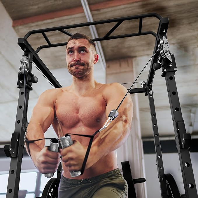 RitFit Upgraded PPC-P3 Power Cage, 3-in-1 Home Gym with Aluminum Pulley System, 1200LBS Capacity, Includes LAT Pulldown, Landmine, J-Hooks & 20+ Attachments, Fits Compact Spaces Black Red