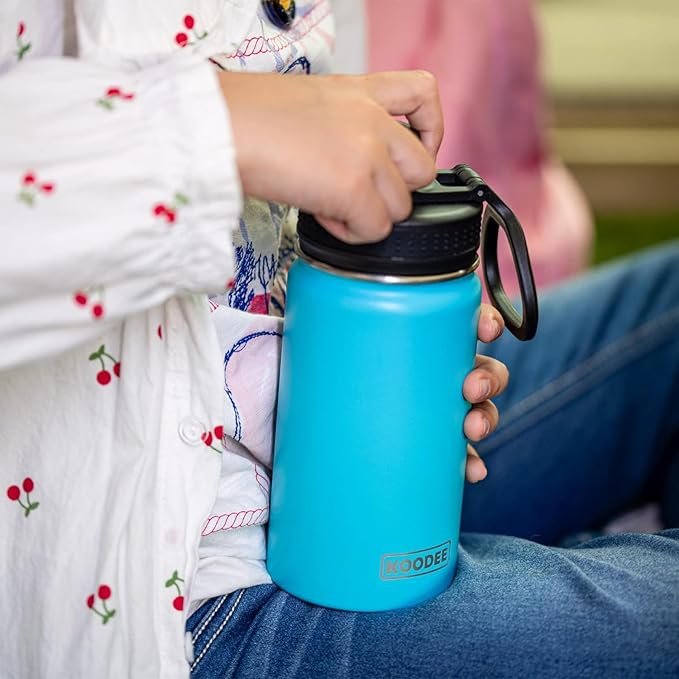 koodee 12 oz Water Bottle Stainless Steel Vacuum Insulated Wide Mouth Water Flask with Leakproof Spout Lid (Sky Blue)
