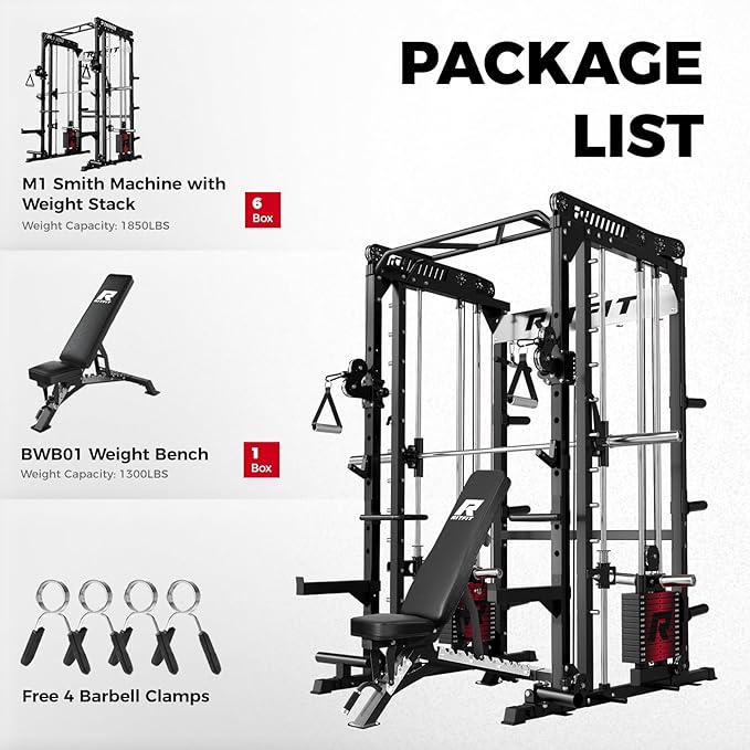 RitFit M1 Pro Smith Machine Package, All-in-One Power Cage with Weight Stack Set, Includes LAT Pulldown & Cable Crossover System for Home Gyme