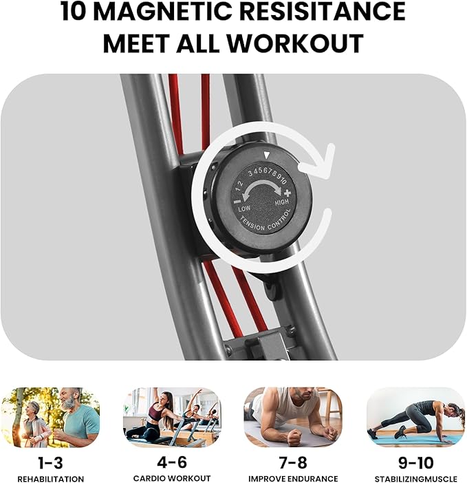 Exercise Bike, 4 IN 1 Stationary Bike, Foldable Folding Exercise Bike with 10-Level Magentic Resistance, Support Back Pad and Phone/Tablet Holder, Arm Resistance Band, Pulse Sensor, LCD Monitor for Home Workout 265LB Capacity