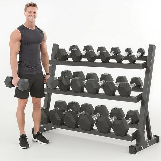 Yufer 6-10 Pair Iron and Rubber Coated Dumbbell Set 350/450/550 lbs 5-50 lbs Hand Free Weight for Strength Hex Rubber Weights with Vertical Storage Rack Fitness Home Gym Equipment