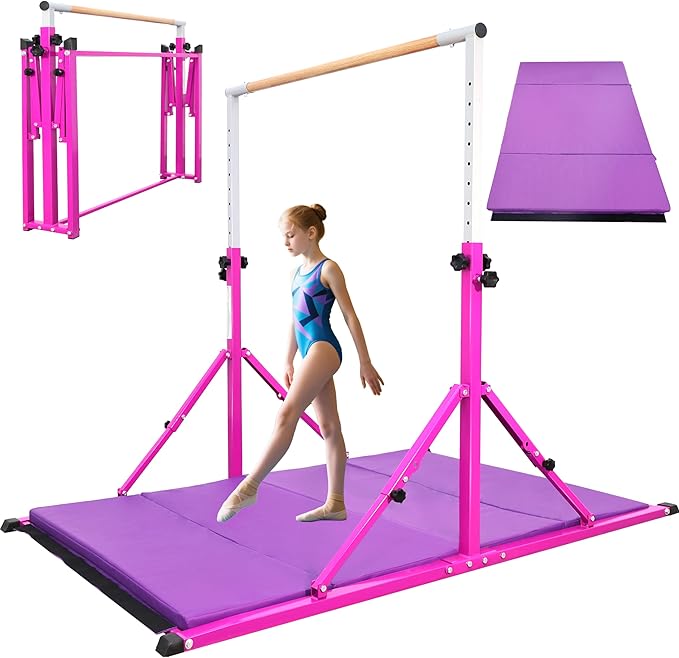 PreGymnastic Foldable Gymnastics Bar, 5.6FT Folding Horizontal Bars for Kids Ages 3-12, Weight Limit 350 LBS, Adjustable kip Bar, Children Home Gym Equipment Indoor