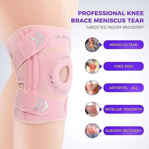 Knee Support Brace for Women Men, Adjustable Knee Compression Sleeve Brace Patellar Pad Tendon - Arthritis Pain, Meniscus Tear, Injury Recovery, Running, Workout, Neoprene Knee Braces with Stabilizers and Open Patella, Pink