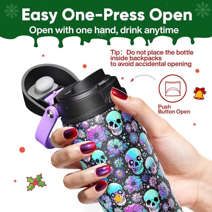 ENCOOL Insulated Water Bottle with Straw Stainless Steel Water Bottle with Push Button Lid, Leak-Proof & BPA-Free, Keeps Cold for 24 Hours for Sports, Travel, Gym (24 oz, Floral Afterlife)