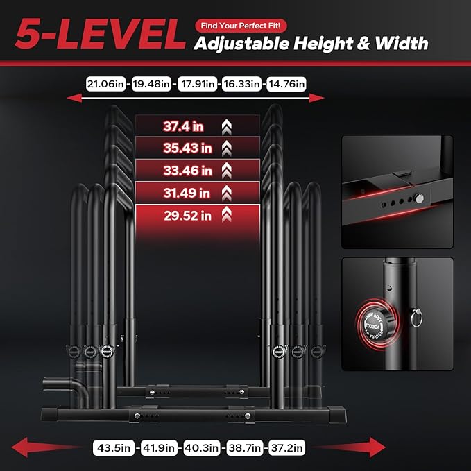 Dip Bar for Home Gym 880LBS Heavy Duty Dip Station Adjustable Height & Width Parallettes Bars for Full Body Strength Training Push Up Bar for Beginners & Advanced Users