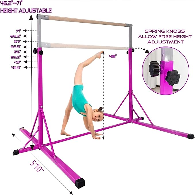 Gymnastics Bar, 5'10” Base length 45" to 71" Adjustable Horizontal Bar for Serious Training, 500 LBS Capacity, Professional Home Gym Equipment with Competition-Grade Beech-covered Fiberglass Bar