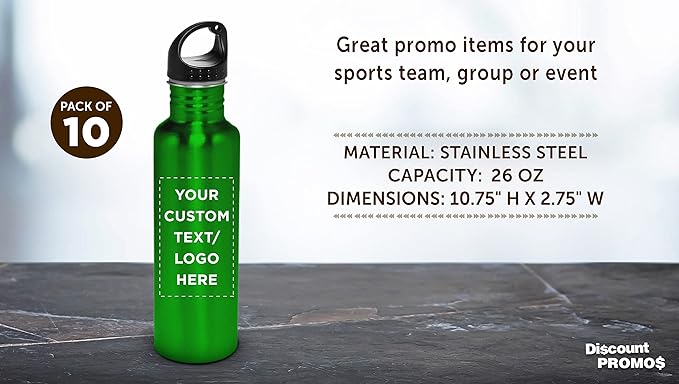 DISCOUNT PROMOS Custom Stainless Steel Water Bottles 26 oz. Set of 10, Personalized Bulk Pack - Reusable, Leak Proof, Perfect for Gym, Hiking, Camping, Outdoor Sports - Green