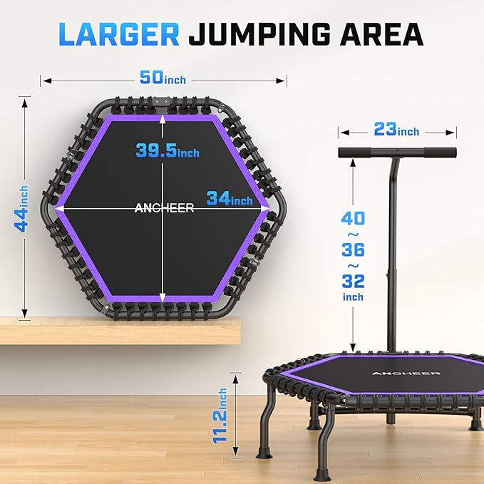 ANCHEER Trampoline, 50'' Rebounder Trampoline for Adult with Bar, Indoor Outdoor Mini Trampoline, 550LBS Fitness Trampoline with Bungee, Jumping Cardio Equipment, Exercise Trampoline at Home Gym