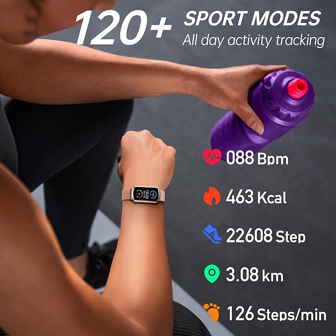 Health Fitness Tracker with 24/7 Heart Rate, Smart Watch with Blood Pressure and Blood Oxygen Monitor, Bulit-in 120+ Sport Mode, Sleep Tracking Waterproof Activity Tracker for Women Men (Rose Gold)