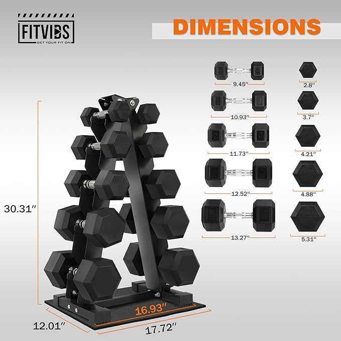 Fitvids 150 LB Rubber Coated Hex Dumbbell Set with Storage Rack, 5-25LB Hand Weight Set with Anti-Slip Grip for Home Gym