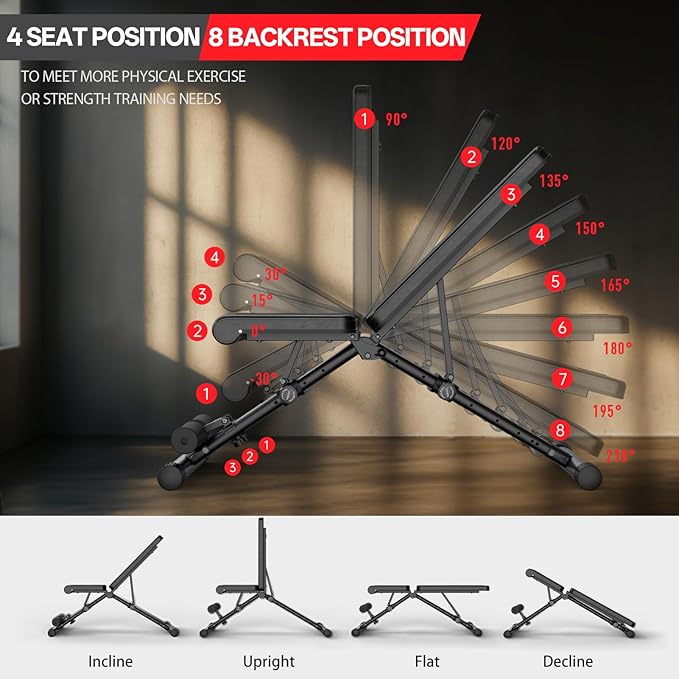 JOROTO Adjustable Weight Bench, Foldable Workout Bench for Home Gym Strength Training, Incline Decline Flat Bench Press with Wheels and Extended Backrest, Full Body Workout Equipment
