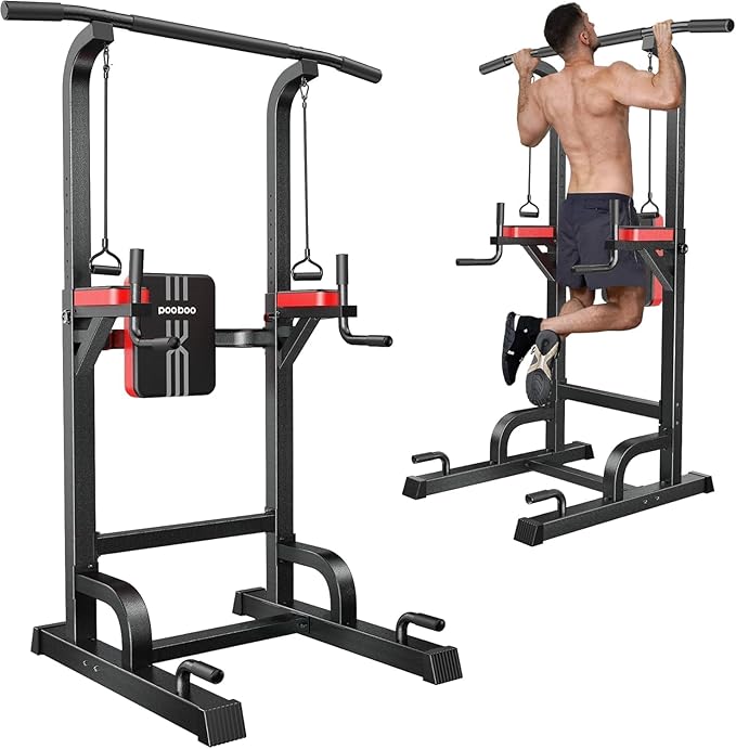 Pooboo Power Tower Dip Station Pull Up Bar for Fitness Home Gym Workout,Multi-Function Adjustable Height Fitness Strength Training Exercise Equipment,with Power Elastic Ropes