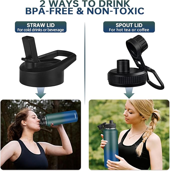 Insulated Water Bottle with Straw&2 Lids 40oz Stainless Steel Water Bottles Sports Metal Water Bottle Double Walled Vacuum Insulated Bottles Leak-Proof Travel Cup (Green Blue)