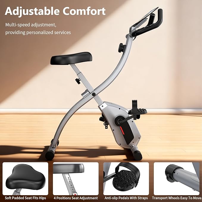 CRYSTAL FIT Indoor Folding Exercise Bike, Foldable Stationary Bikes For Home Workout Upright Indoor Cycling Bike, Magnetic X-Bike with 8-Level Adjustable Resistance, Phone Holder & Comfortable Seat Cushion