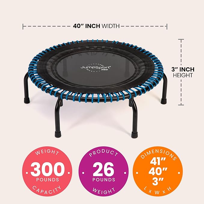 JumpSport 350 PRO Fitness Trampoline, Cardio Workout, No-Tip Arched Legs Home Gym Equipment, Adjustable Bungees & 60 Day Trial Video