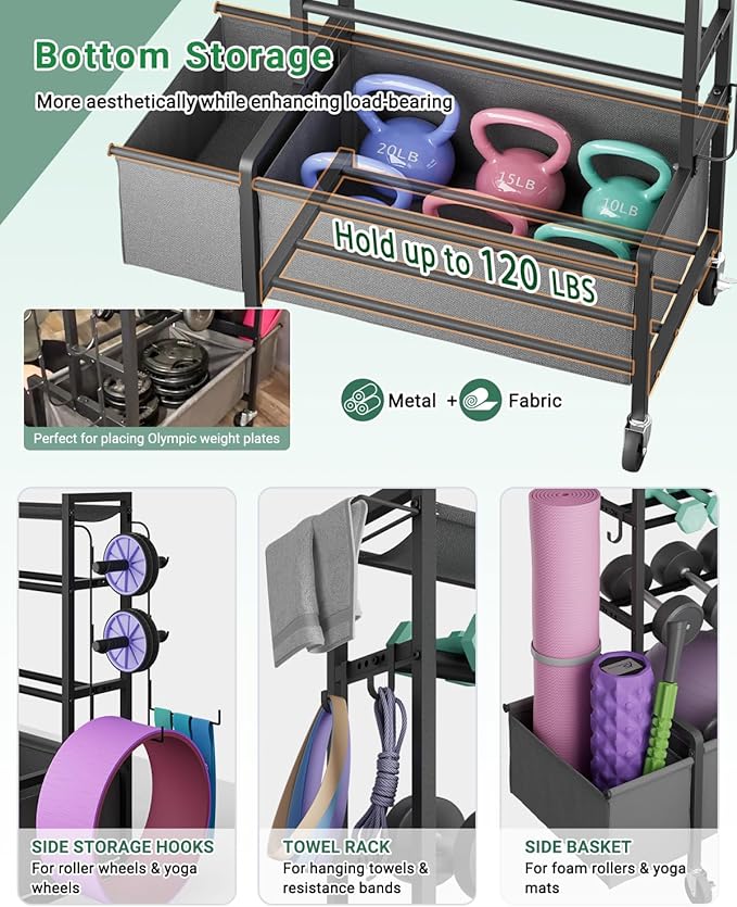 Adjustable Dumbbell Rack, 4-Tier Movable Weight Rack Stand for Home Gym Up To 405lb with Lockable Caster & Hooks, Home Gym Equipment Storage for Dumbbell Kettlebell Yoga Mat Ball