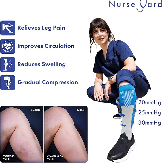 Nurse Yard Compression Socks for Nurses - Women & Men - 20-30mmHg Graduated Compression, Zero-Toe Compression, For Medical Staff, Nursing, Athletic Support Such As Running, Cycling, Hiking - 1 Pair