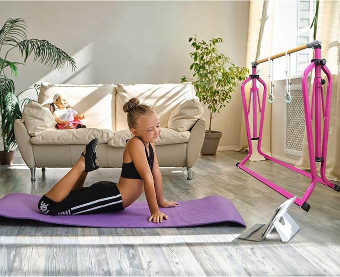GLANT Gymnastics Bar for Kids with Rings Set, 7 Heights Adjustable Easy Folding Gymnastic Training Bar Kids Monkey Horizontal Bars - Max Load 300LBS