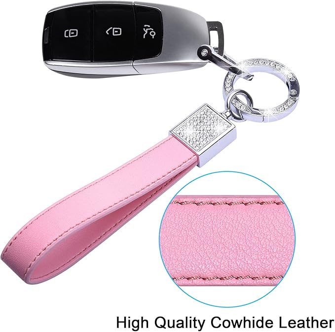 Wisdompro Genuine Leather Car Keychain, Bling Key FOB Holder Leather Loop Keychains for Women Girls with Crystal Rhinestones and 2 Keyrings - Pink