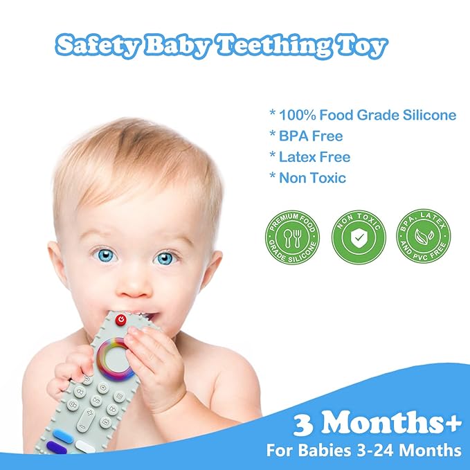 Baby Teething Toys, Food Grade Silicone Teethers for Babies 3 6 12 18 Months, Fire TV Remote Shape Infant Chew Toys for Boys and Girls, Freezer BPA Free (Black+Black)