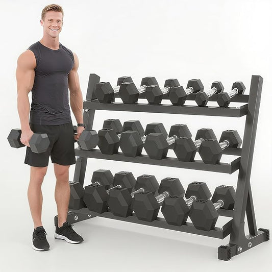 Yufer 6-10 Pair Iron and Rubber Coated Dumbbell Set 350/450/550 lbs 5-50 lbs Hand Free Weight for Strength Hex Rubber Weights with Vertical Storage Rack Fitness Home Gym Equipment