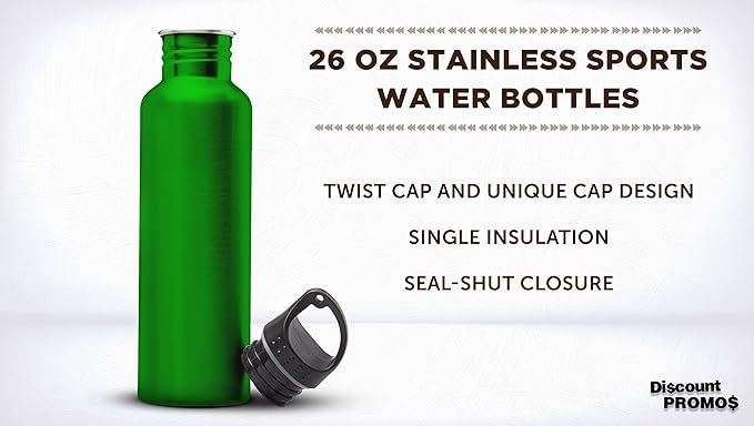 DISCOUNT PROMOS Stainless Steel Water Bottles 26 oz. Set of 10, Bulk Pack - Reusable, Leak Proof, Perfect for Gym, Hiking, Camping, Outdoor Sports - Green