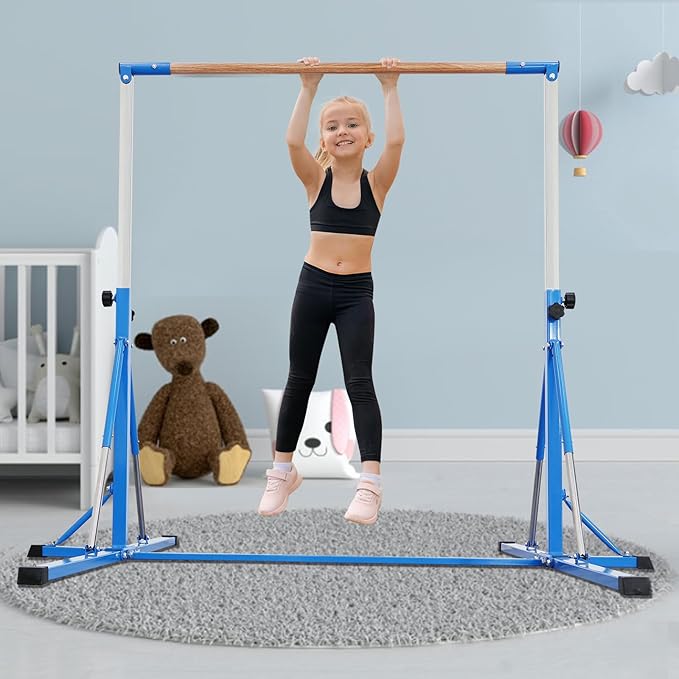 Gymnastics Bar for Kids Ages 3-15, 35" to 60" Adjustable Height, 4FT Wide Base - Professional Kip Bar with 360° Stability & Fiberglass Crossbar, Easy Fold&Solid Design for Home Training
