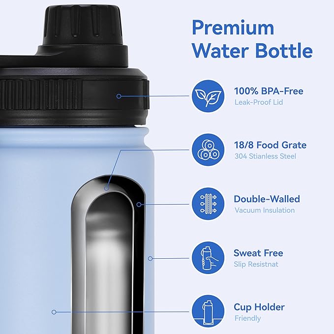 DOMICARE 16 oz Kids Water Bottle for School Stainless Steel Double Wall Vacuum Insulated Water Bottle with Straw lids & Spout Lid, Leakproof BPA Free (Light Blue,8)