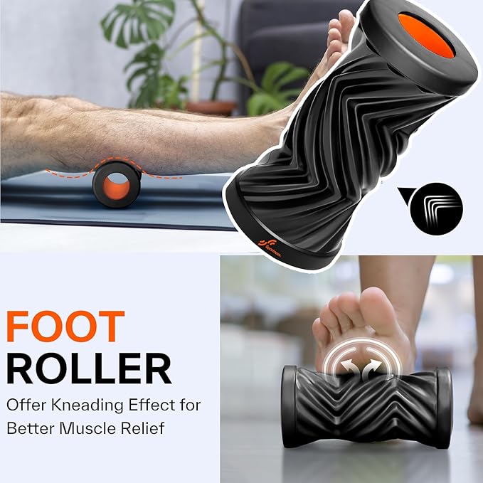 Sportneer 4 in 1 Foam Roller Set: Dual Textures Foam Roller, Foot Roller, Lacrosse Ball, Traction Massage Ball with String, Deep Massage Roller for Whole Body Release, Physical Therapy