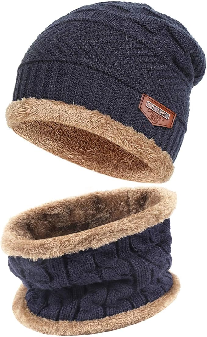 FZ FANTASTIC ZONE Mens Womens Winter Beanie Hat Scarf Set Warm Knit Thick Fleece Lined Skull Cap Neck Warmer for Men Women