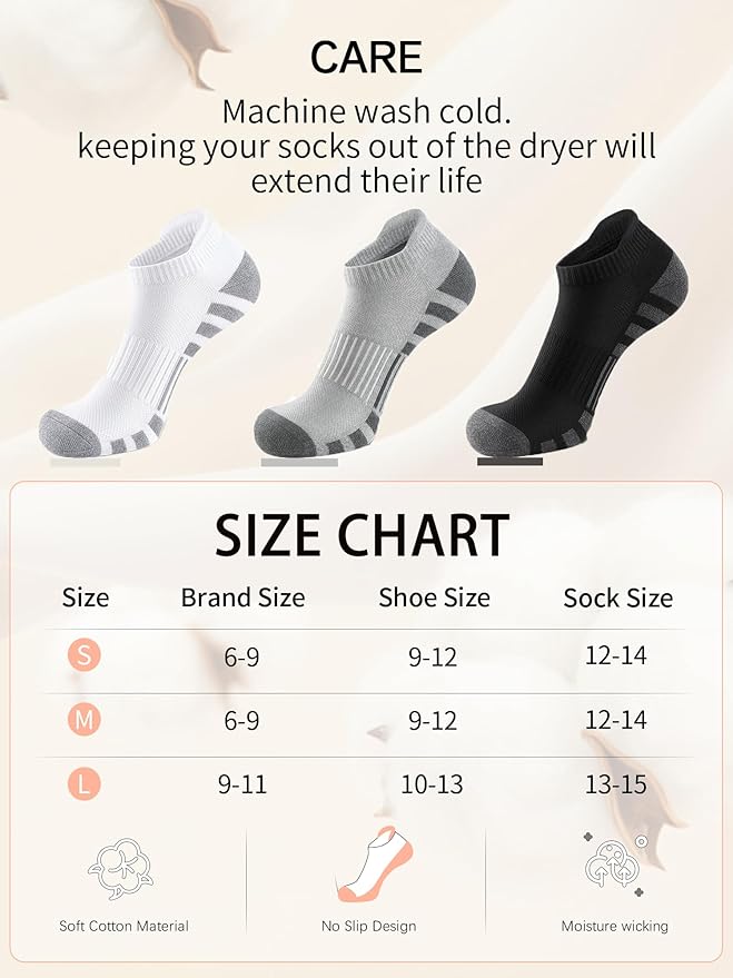 Airacker Athletic Running Ankle Cotton Socks, Low Cut Cushioned functional Anti-Blister Tab Sports Socks for Men Women 6pairs