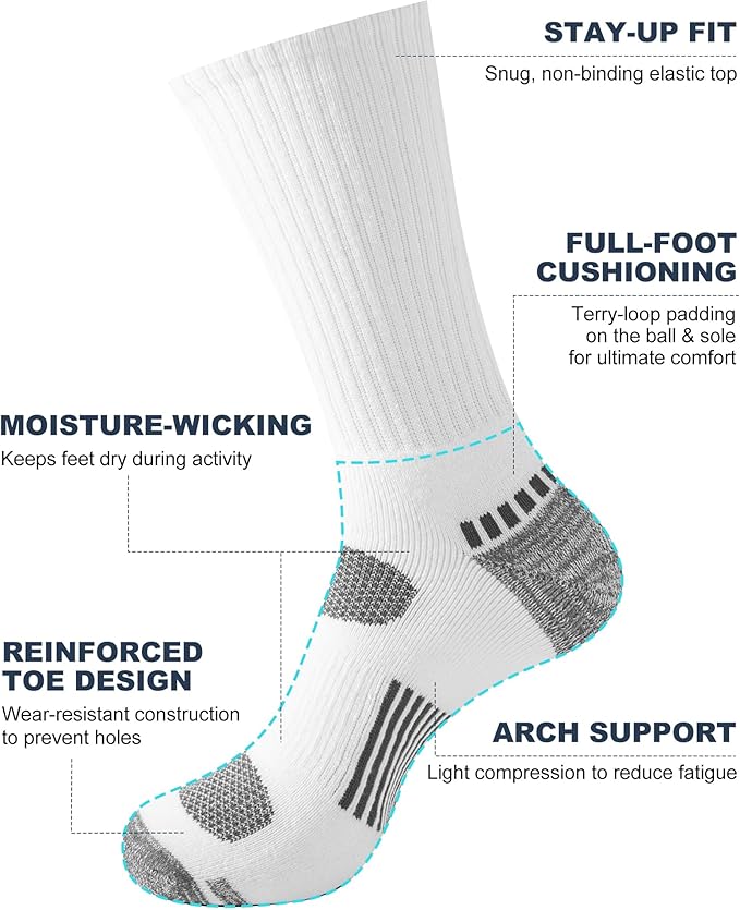 Mens Cotton Boot Crew Socks, 5 Pairs Full Cushion Socks Moisture-Wicking & Reinforced for Work Hiking Walking Outdoor