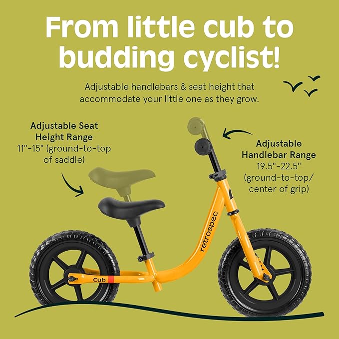 Retrospec Cub Toddler Balance Bike for Ages 18 Months - 3 Years - 12in No-Pedal Beginner Bicycle with Adjustable Seat, Puncture-Proof Tires & Safe Low Frame Design