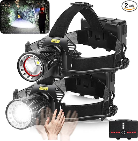 Aikertec Rechargeable Headlamp,Bright LED Head Lamp with Motion Sensor, 7 Modes, Waterproof, 45° Adjustable Angle, Zoomable, Battery Powered Headlamps for Camping, Hiking, Fishing (2 Pack)