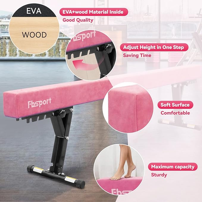 FBSPORT 8ft Adjustable Balance Beam: High and Low Floor Beam Gymnastics Equipment for Kids/Adults,Gymnastics Beam for Training,Practice, Physical Therapy and Professional Home Training with Legs
