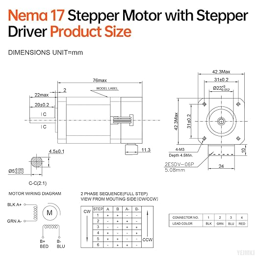 Nema 17 Stepper Motor with Integrated Stepper Driver 1.8‌°‌ 2 Phase High Torque 0.7Nm(99.13oz·in) Bipolar 2.5A 1.5Ω 76mm 42 Stepper Motor with Controller for 3D Printer DIY Robot CNC Machine