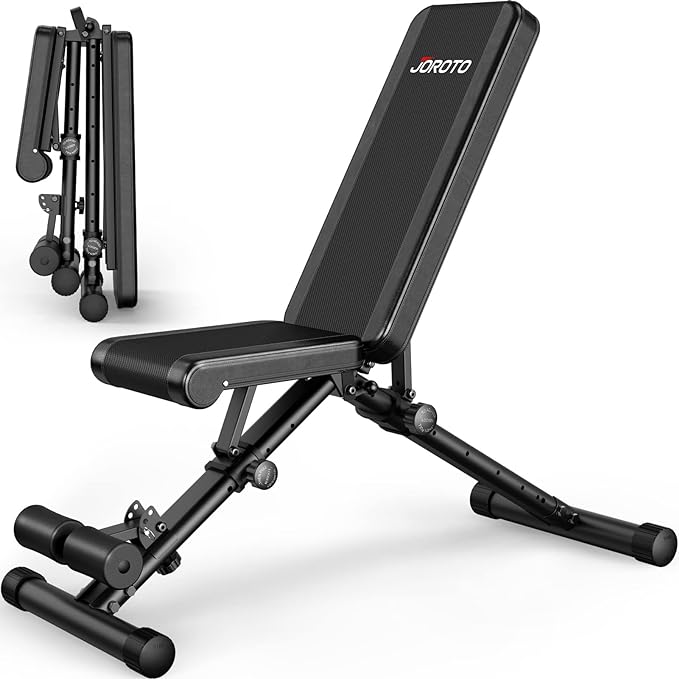 JOROTO Adjustable Weight Bench, Foldable Workout Bench for Home Gym Strength Training, Incline Decline Flat Bench Press with Wheels and Extended Backrest, Full Body Workout Equipment