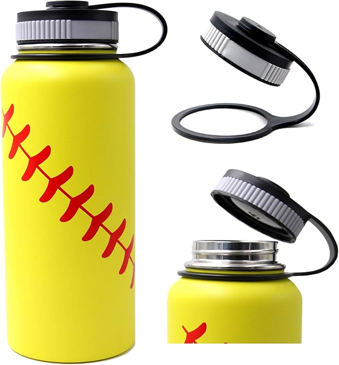 32 oz Softball Water Bottle, Wide Mouth Sports Flask Metal Travel Tumbler with 2 Lids, Stainless Steel Double Wall Vacuum Insulated Leak Proof Thermo Water Bottles, Softball Stuff Gifts for Mom Girls
