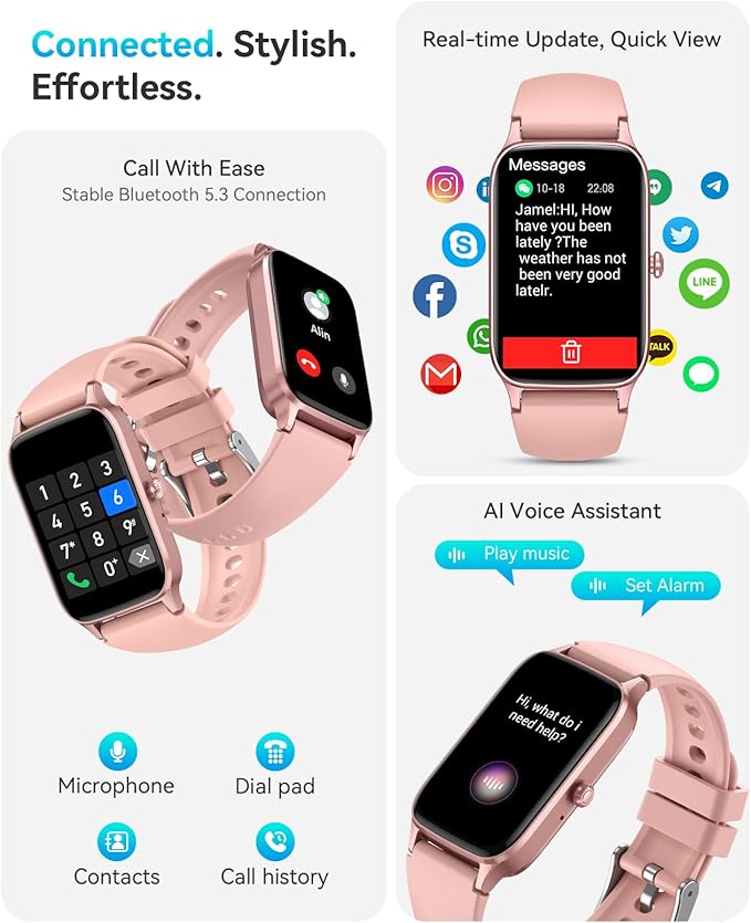 Fitness Activity Tracker for Women Men, Smart Watch Compatible with iPhone Android, IP68 Waterproof Step Counter with 110+ Sports, Sleep Monitor, Calorie Counter (Casual, Pink, 1.57)