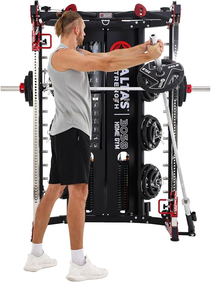 Altas Strength Smith Machine 3058G Home Gym Equipment with 1000 lbs Weight Capacity, 2000 lbs Cables for Versatile Workouts Squats Presses Pulling Lunges Deadlifts Easy Assembly Included Accessories