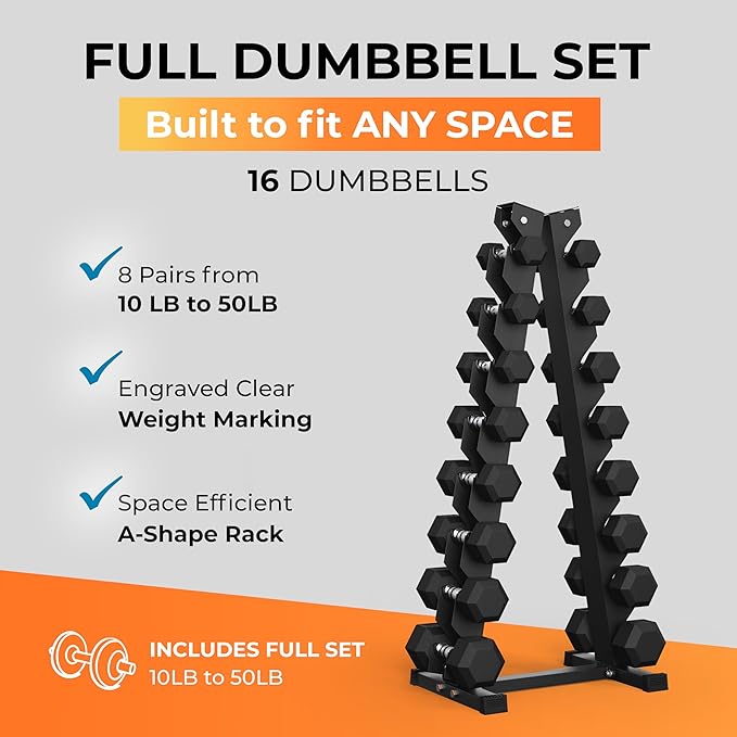 Rubber Hex Dumbbell Set with Rack, 8/10/12/15/20 Pair (450/550/780/1200/1550/2100 lbs total) Weight Rack with Dumbbells for Home Gym & Strength Training