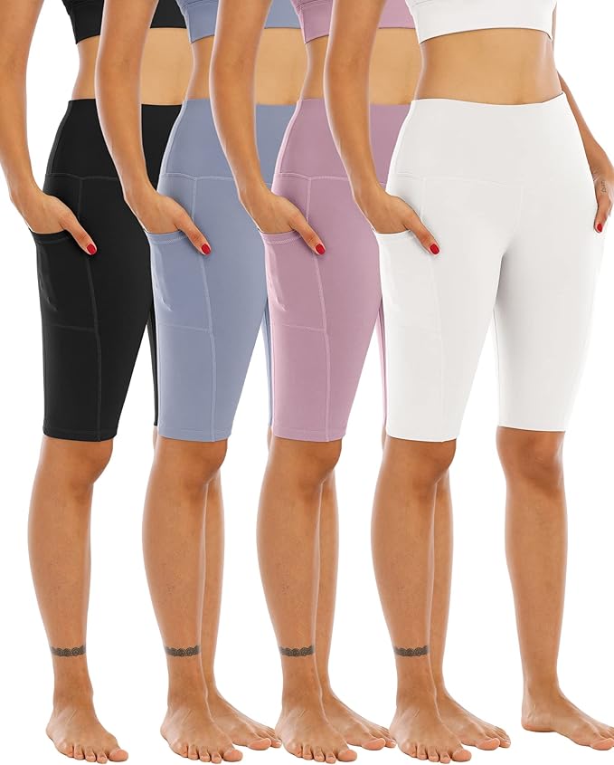 WHOUARE 4 Pack Biker Yoga Shorts with Pockets for Women,High Waisted Athletic Running Workout Gym Shorts Tummy Control
