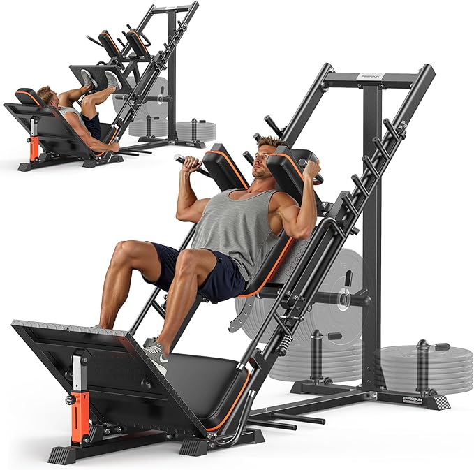 FEIERDUN 3‑in‑1 Leg Press Hack Squat Machine with Stretch Board – Adjustable Leg Press Machine for Home Gym with Full Range of Motion & Ultra-Quiet Pulley System